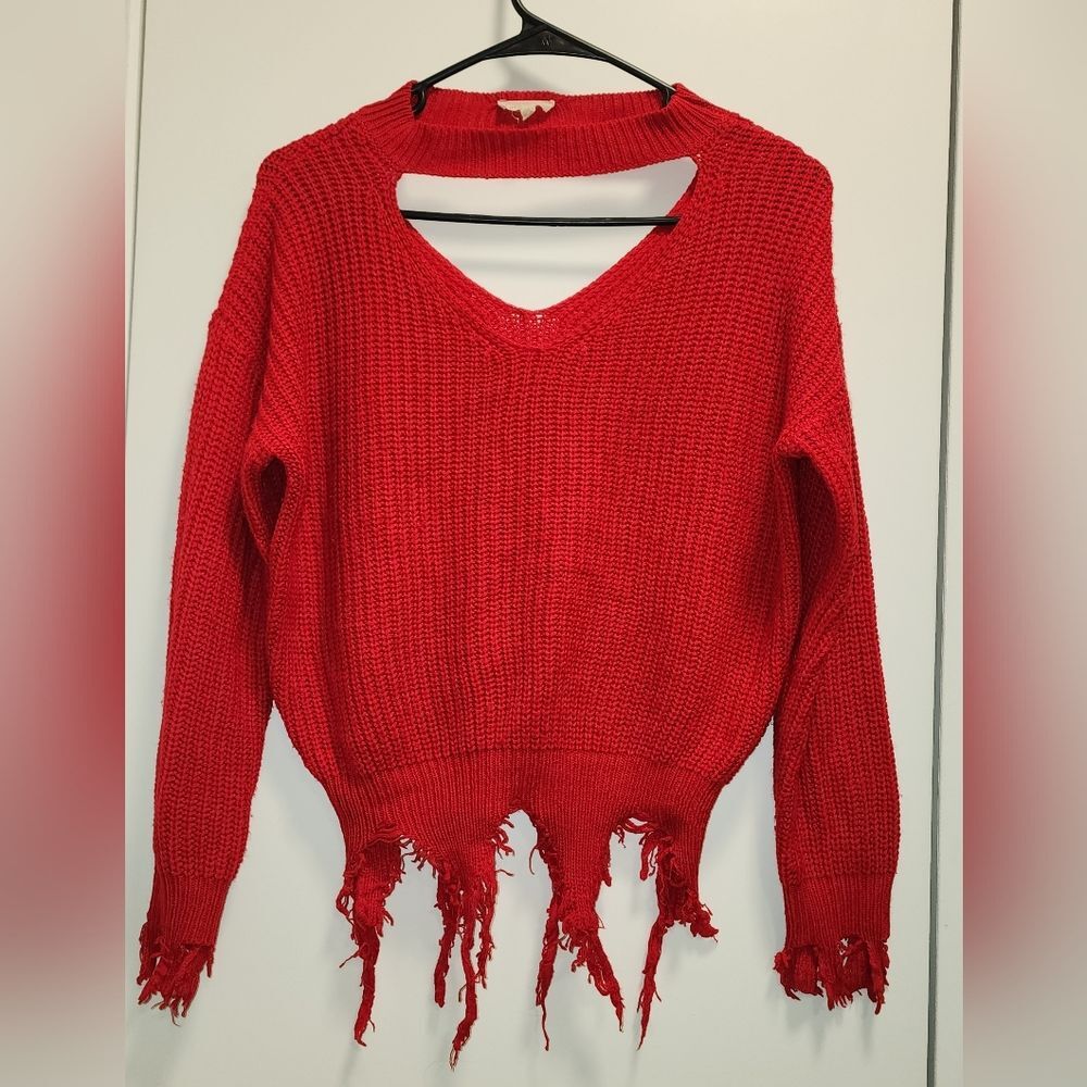 Chic Red V-Neck Distressed Sweater - Medium